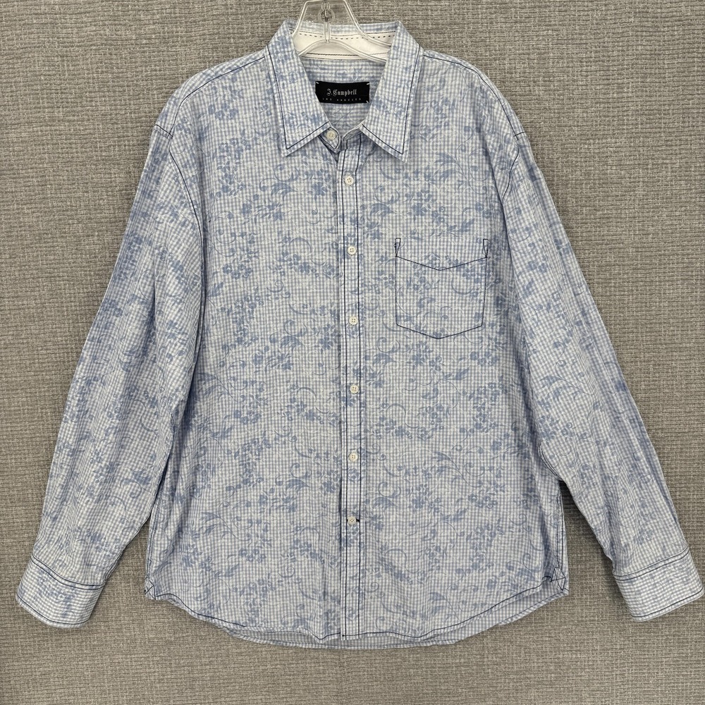 J. Campbell Shirt Mens XL Blue Check Button Up Cotton Long Sleeve‎ Pockets